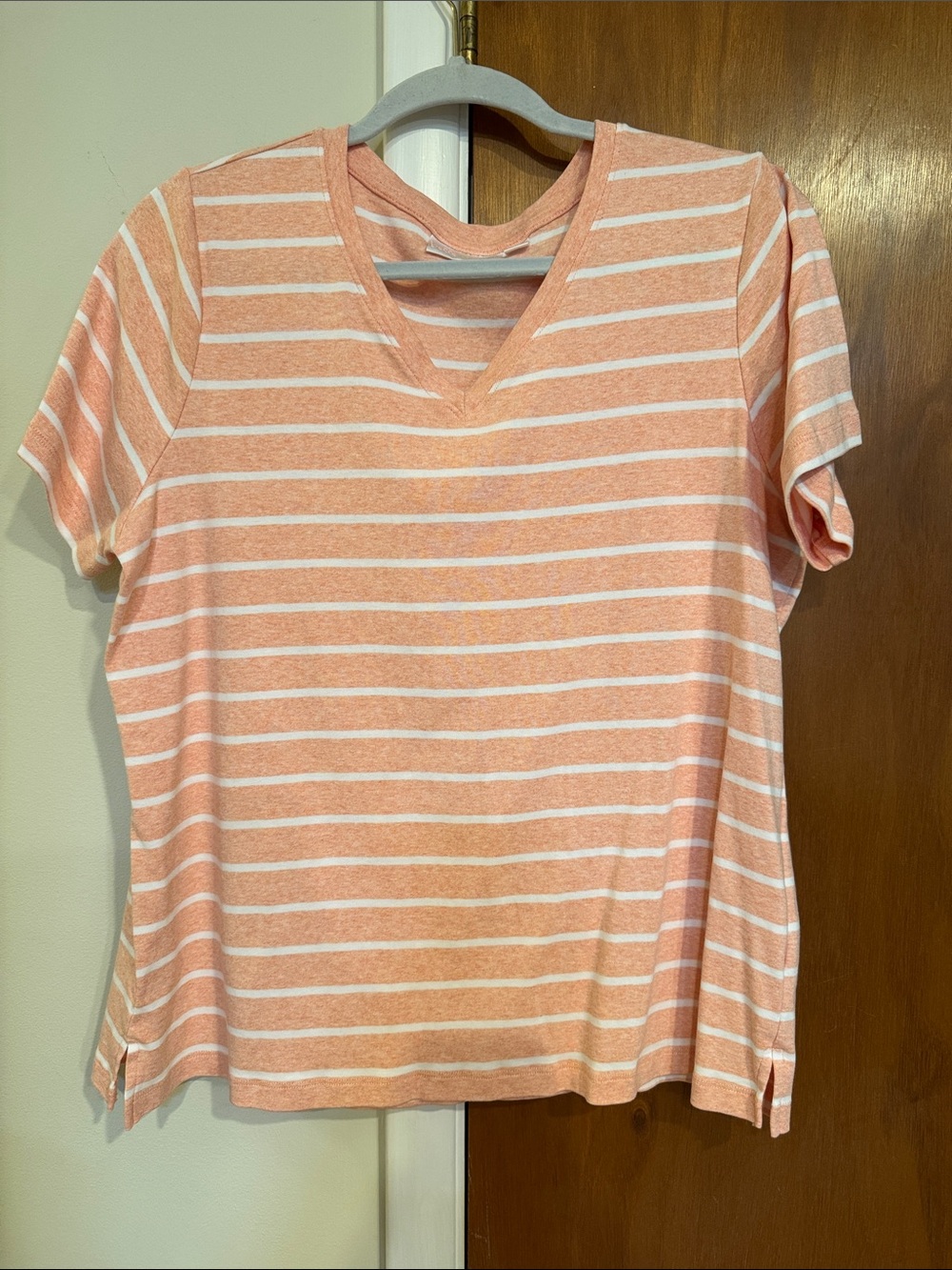 Belle by Kim Gravel Peach & White Striped V-Neck Tee